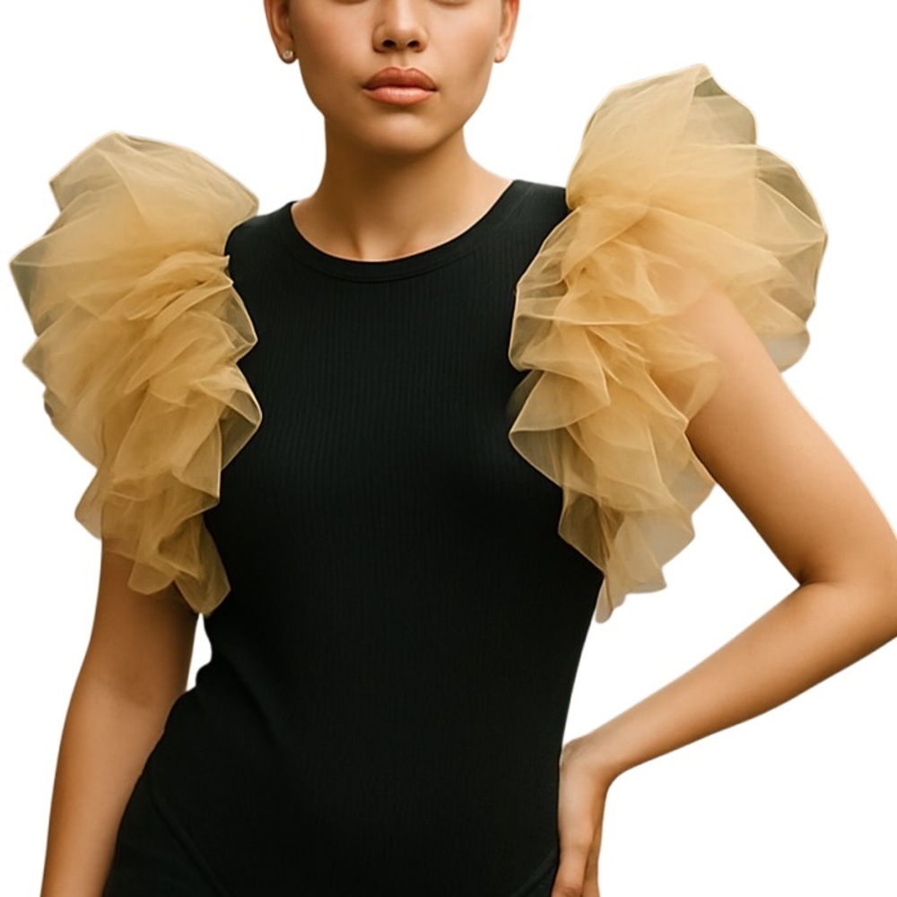 Zara Black Bodysuit with Cream Ruffle Accents
